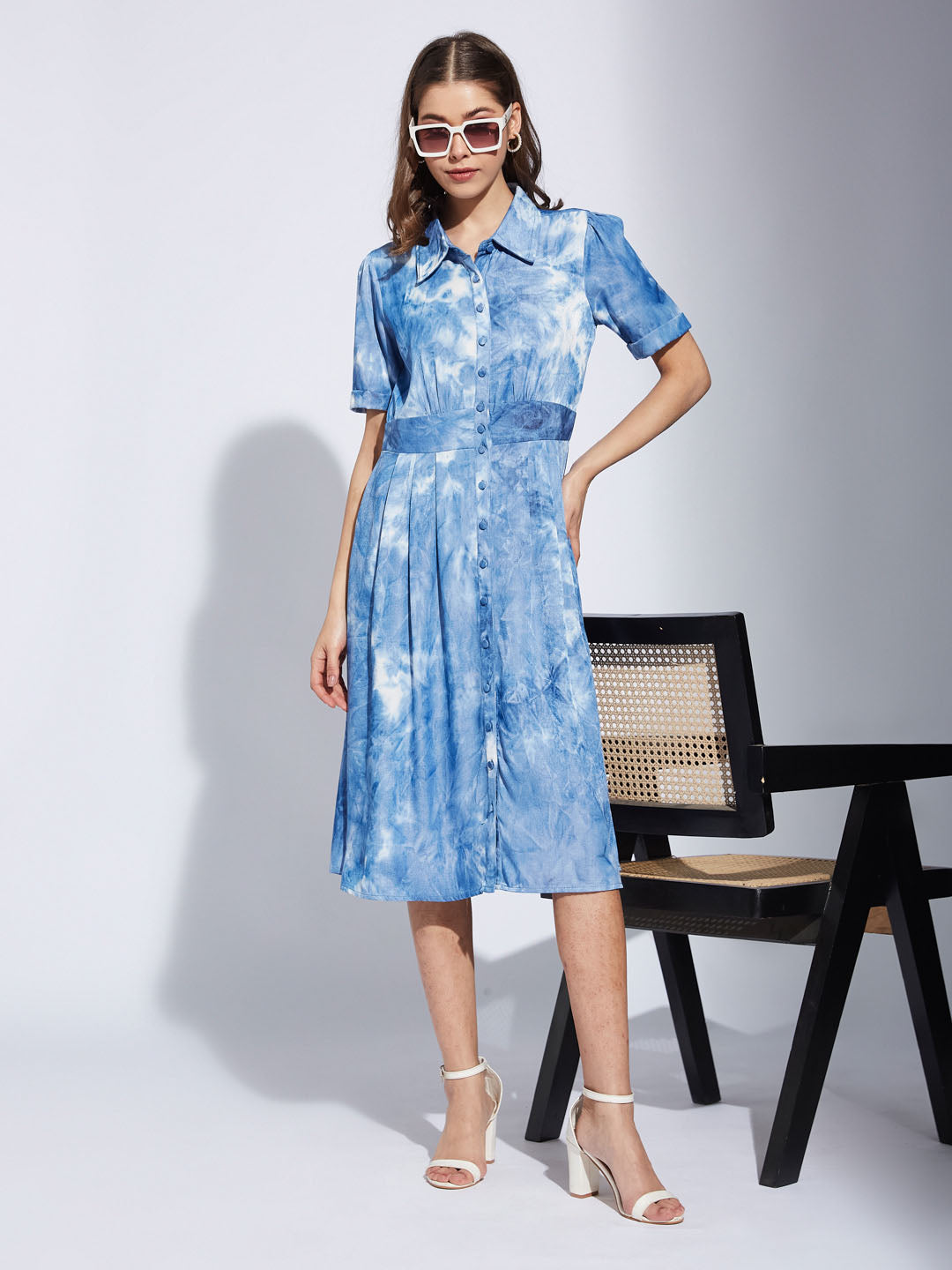 Latin Quarter Women Blue Collar Neck Half Sleeve Printed Shirt Dress