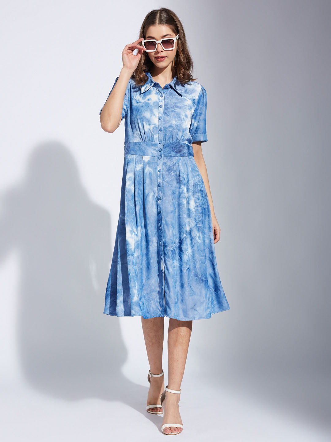 Latin Quarter Women Blue Collar Neck Half Sleeve Printed Shirt Dress