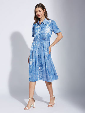 Latin Quarter Women Blue Collar Neck Half Sleeve Printed Shirt Dress