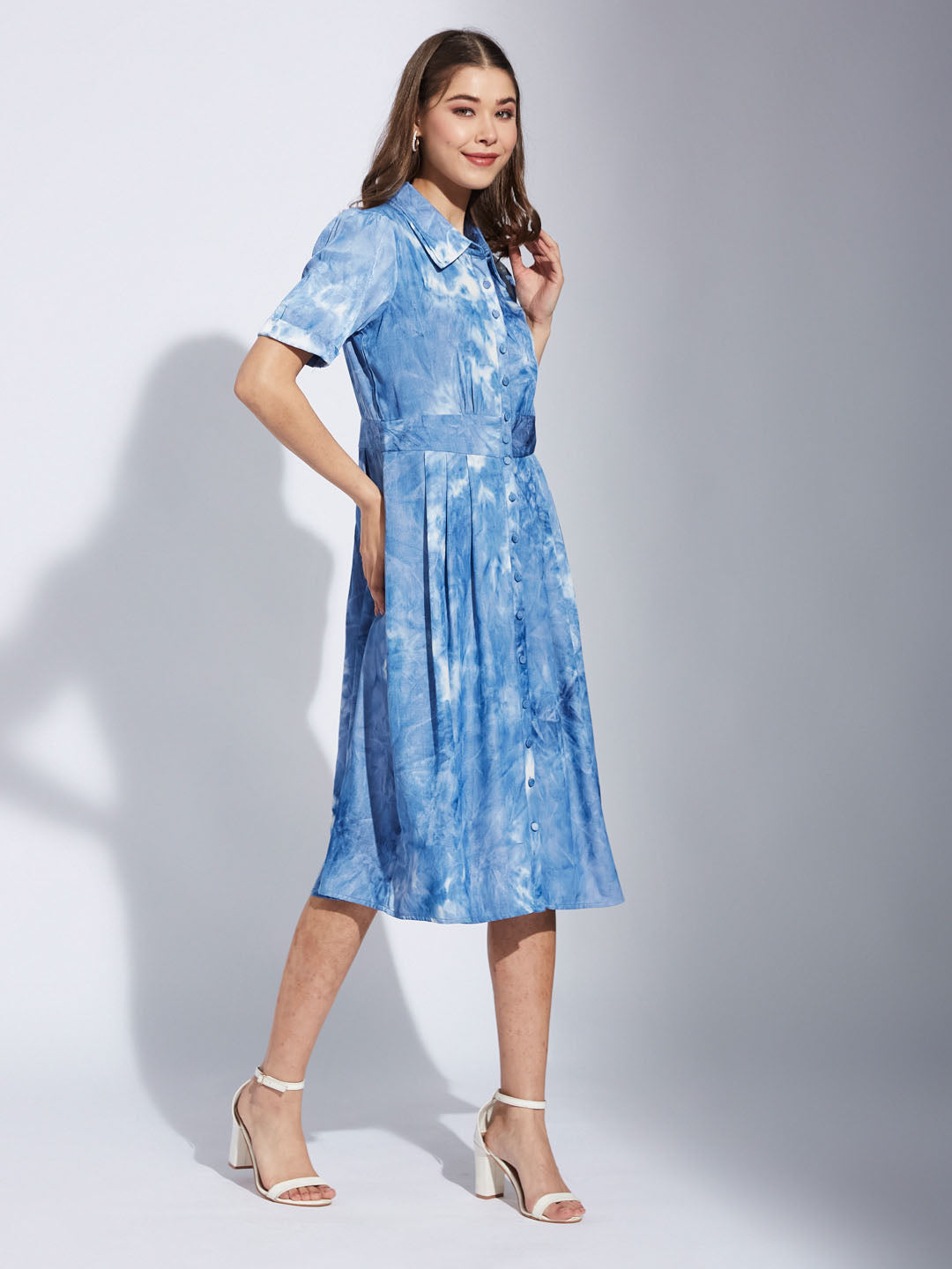 Latin Quarter Women Blue Collar Neck Half Sleeve Printed Shirt Dress