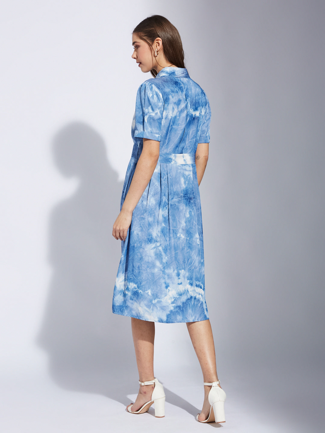 Latin Quarter Women Blue Collar Neck Half Sleeve Printed Shirt Dress