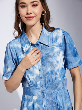 Latin Quarter Women Blue Collar Neck Half Sleeve Printed Shirt Dress