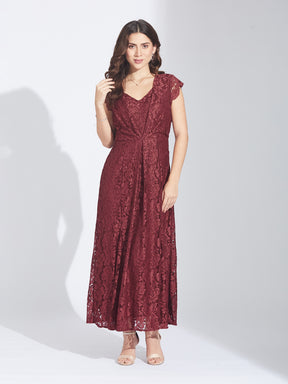 Latin Quarters Women's Maroon Lace Maxi Dress