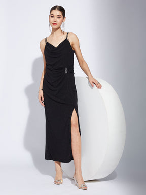 Latin Quarters Women Black Strap V-Neck Solid Party Slit Dress
