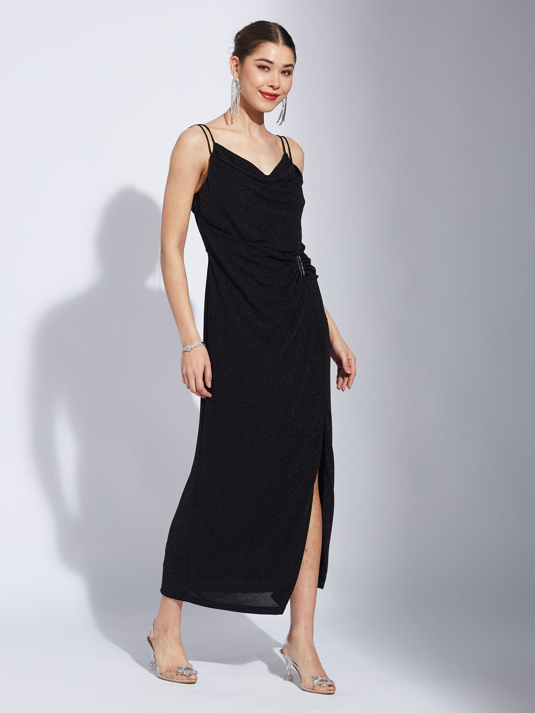 Latin Quarters Women Black Strap V-Neck Solid Party Slit Dress