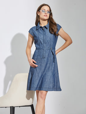 Latin Quarters Women Blue Collar Neck Cap Sleeves Solid Shirt Dress For Casual Wear