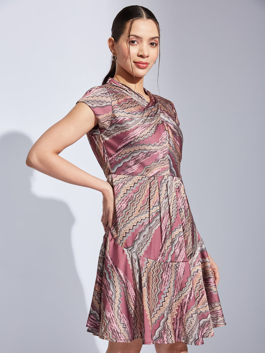 Latin Quarters Women Pink V-Neck Cap Sleeve Printed Fit & Flare Dress For Casual Wear