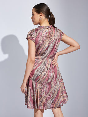 Latin Quarters Women Pink V-Neck Cap Sleeve Printed Fit & Flare Dress For Casual Wear