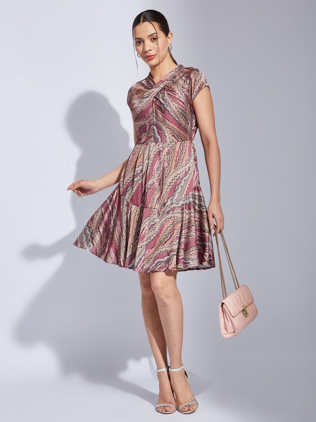 Latin Quarters Women Pink V-Neck Cap Sleeve Printed Fit & Flare Dress For Casual Wear