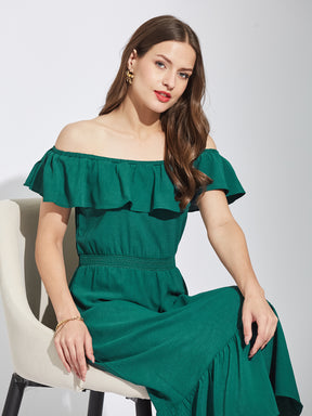 Latin Quarters Women Green Square Neck Cap Sleeves Solid A-Line Dress For Casual Wear
