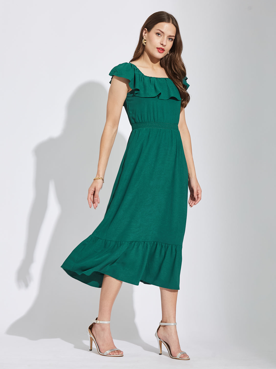 Latin Quarters Women Green Square Neck Cap Sleeves Solid A-Line Dress For Casual Wear
