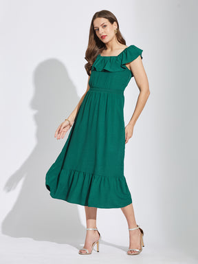 Latin Quarters Women Green Square Neck Cap Sleeves Solid A-Line Dress For Casual Wear