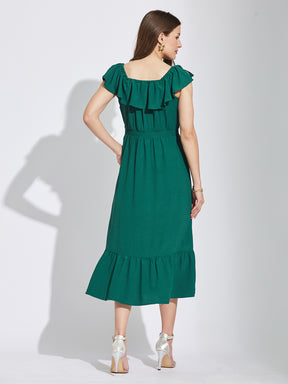 Latin Quarters Women Green Square Neck Cap Sleeves Solid A-Line Dress For Casual Wear
