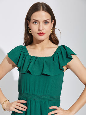 Latin Quarters Women Green Square Neck Cap Sleeves Solid A-Line Dress For Casual Wear