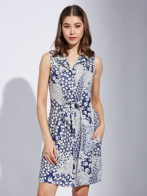 Latin Quarter Women Blue Navy Collar Neck Sleeveless Printed Shirt Dress