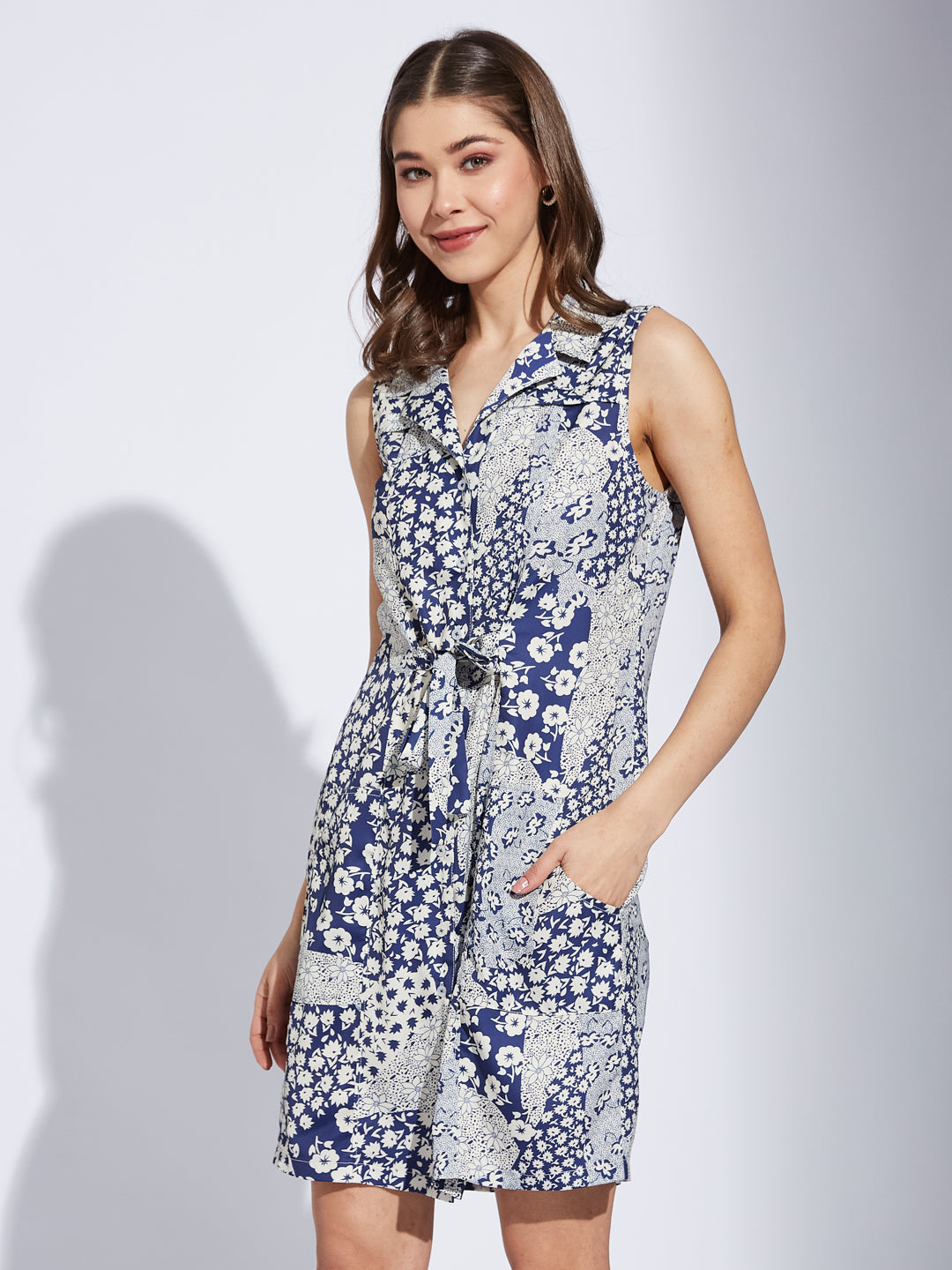 Latin Quarter Women Blue Navy Collar Neck Sleeveless Printed Shirt Dress