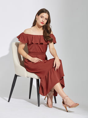 Latin Quarters Women Rust Square Neck Cap Sleeves Solid A-Line Dress For Casual Wear