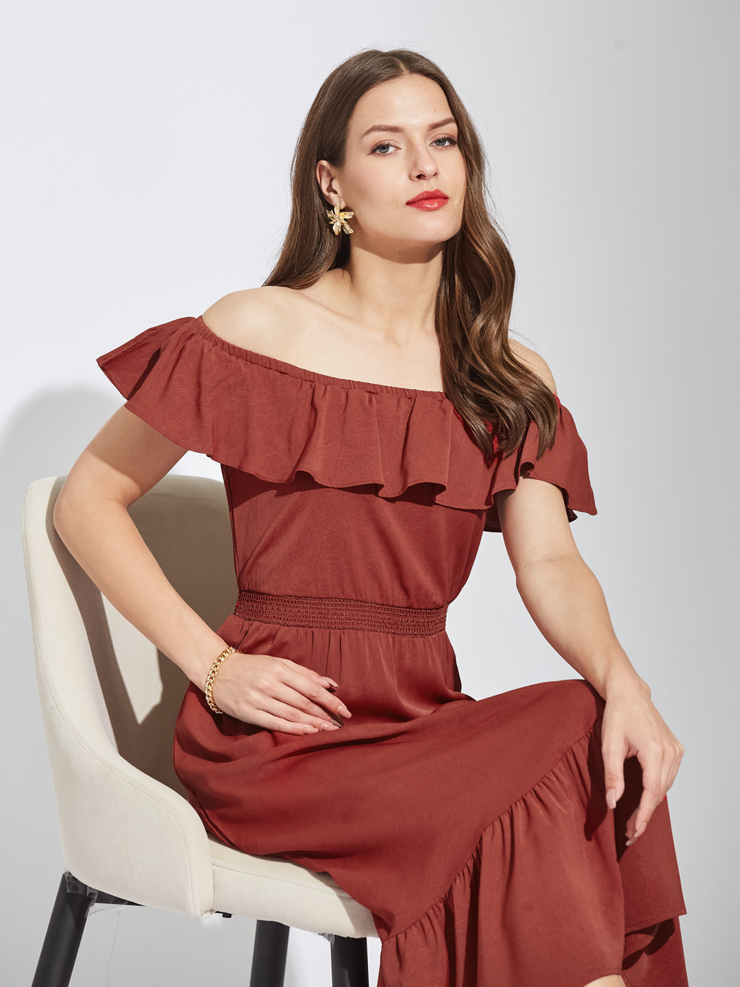 Latin Quarters Women Rust Square Neck Cap Sleeves Solid A-Line Dress For Casual Wear