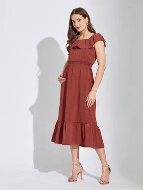 Latin Quarters Women Rust Square Neck Cap Sleeves Solid A-Line Dress For Casual Wear