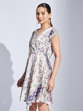 Latin Quarters Women Purple V-Neck Cap Sleeve Printed A-Line Dress For Casual Wear