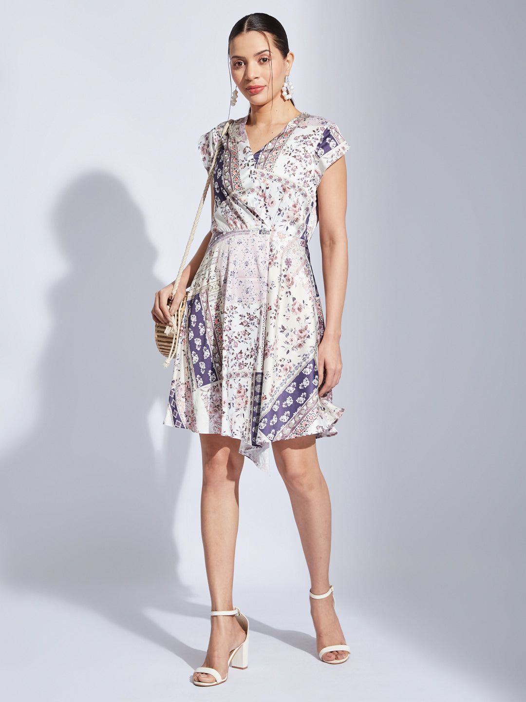 Latin Quarters Women Purple V-Neck Cap Sleeve Printed A-Line Dress For Casual Wear