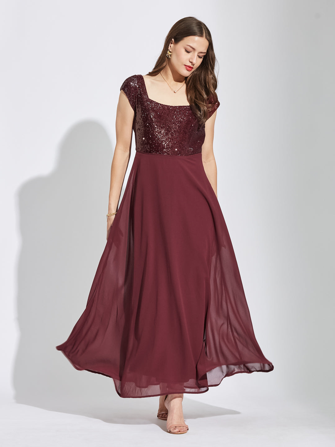 Latin Quarters Women Maroon Square Neck Cap Sleeves Solid Fit & Flare Dress For Party Wear
