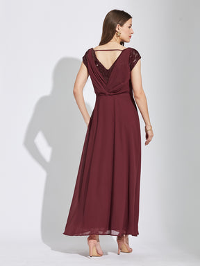 Latin Quarters Women Maroon Square Neck Cap Sleeves Solid Fit & Flare Dress For Party Wear