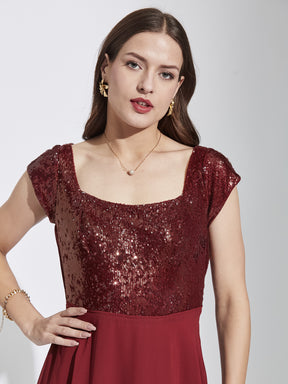 Latin Quarters Women Maroon Square Neck Cap Sleeves Solid Fit & Flare Dress For Party Wear