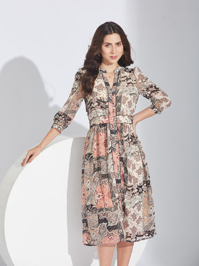 Latin Quarters Women's Black Patchwork Print Button-Front Maxi Dress