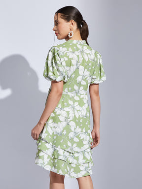Latin Quarters Women Green V-Neck Half Sleeves Printed A-Line Dress For Casual Wear