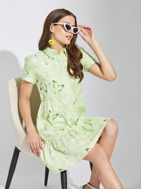 Latin Quarters Women Green Collar Neck Half Sleeves Printed Shirt Dress For Casual Wear