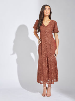 Latin Quarters Women Rust V-Neck Half Sleeves Solid A-Line Dress For Evening