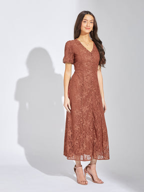 Latin Quarters Women Rust V-Neck Half Sleeves Solid A-Line Dress For Evening