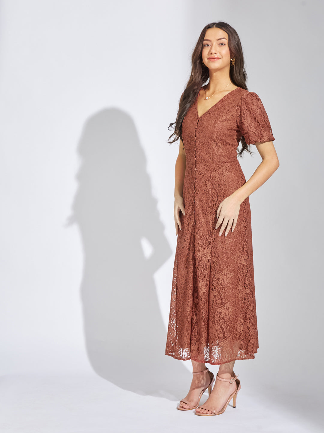 Latin Quarters Women Rust V-Neck Half Sleeves Solid A-Line Dress For Evening
