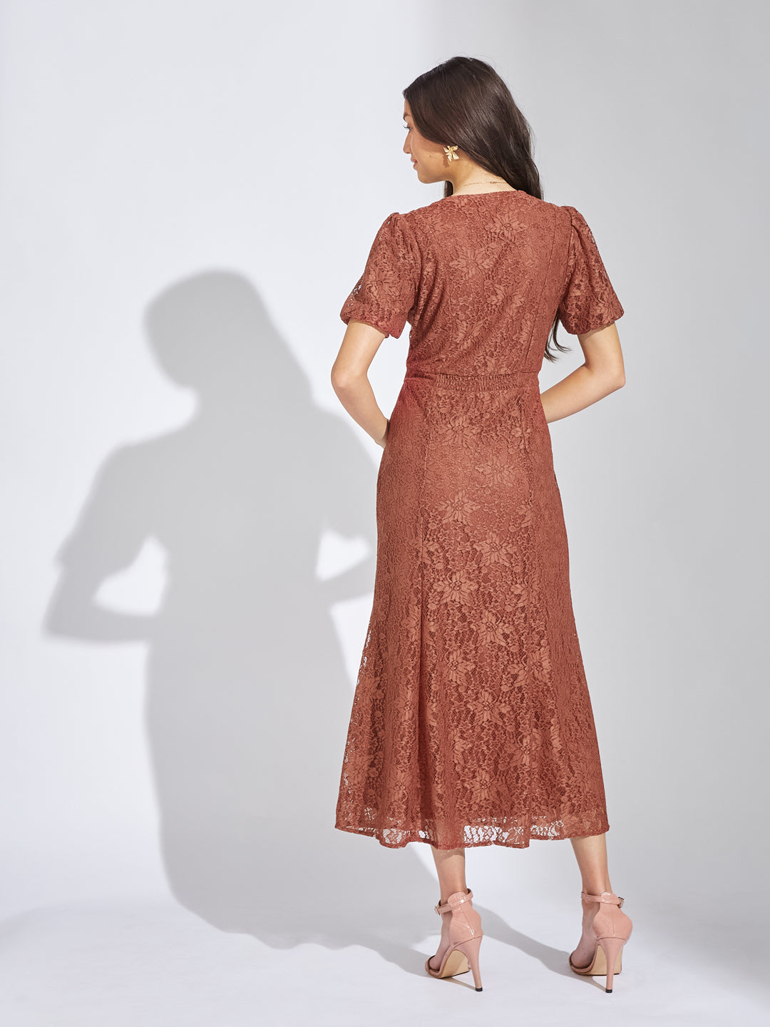 Latin Quarters Women Rust V-Neck Half Sleeves Solid A-Line Dress For Evening