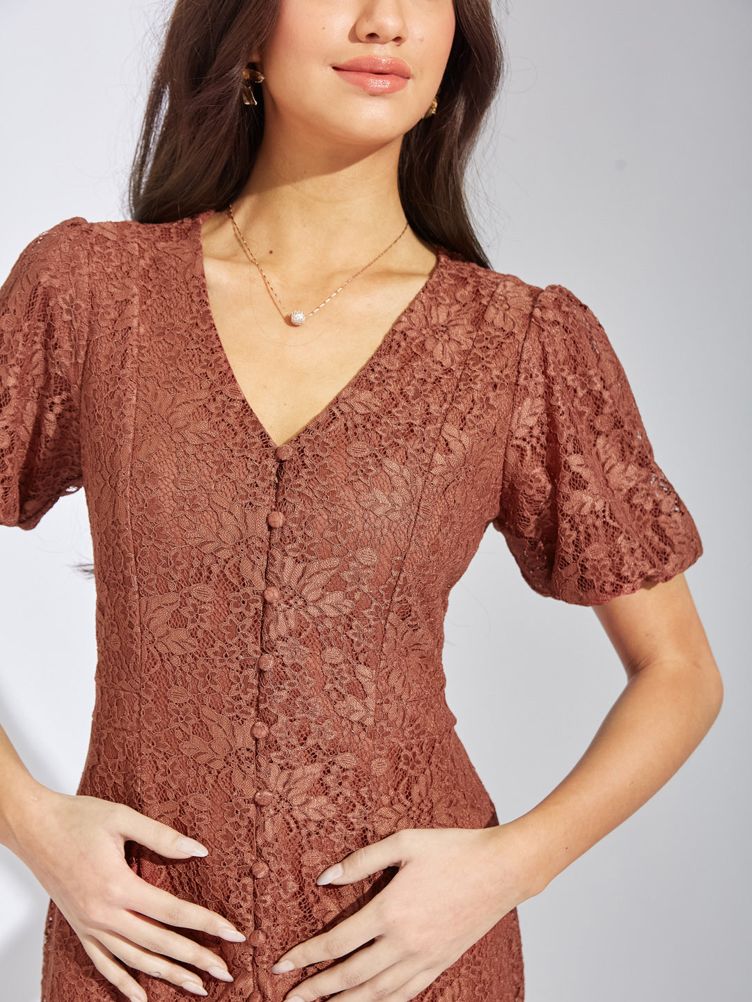 Latin Quarters Women Rust V-Neck Half Sleeves Solid A-Line Dress For Evening