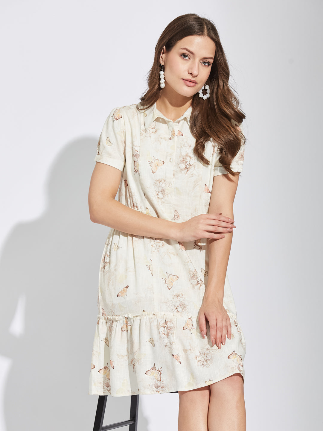 Latin Quarters Women White Collar Neck Half Sleeves Printed Shirt Dress For Casual Wear