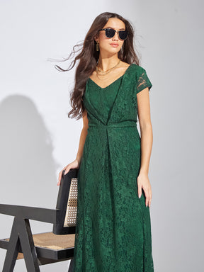 Latin Quarters Women Green V-Neck Cap Sleeves Solid A-Line Dress For Evening