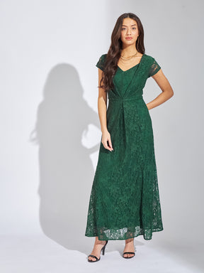 Latin Quarters Women Green V-Neck Cap Sleeves Solid A-Line Dress For Evening