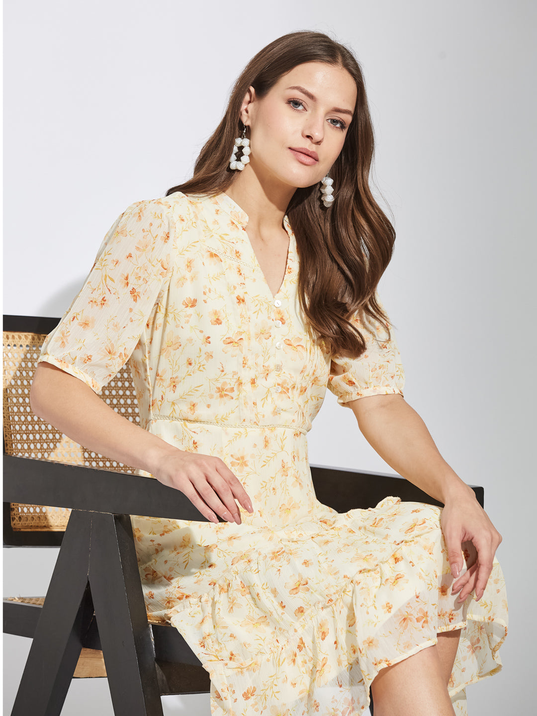 Latin Quarters Women Orange Mandarin Collar Half Sleeves Printed A-Line Dress For Casual Wear