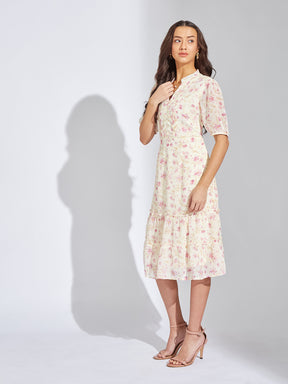 Latin Quarters Women Pink V-Neck Half Sleeves Printed A-Line Dress For Casual