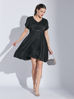 Latin Quarters Women's Black Pleated Dress with Sequin Tape Detail