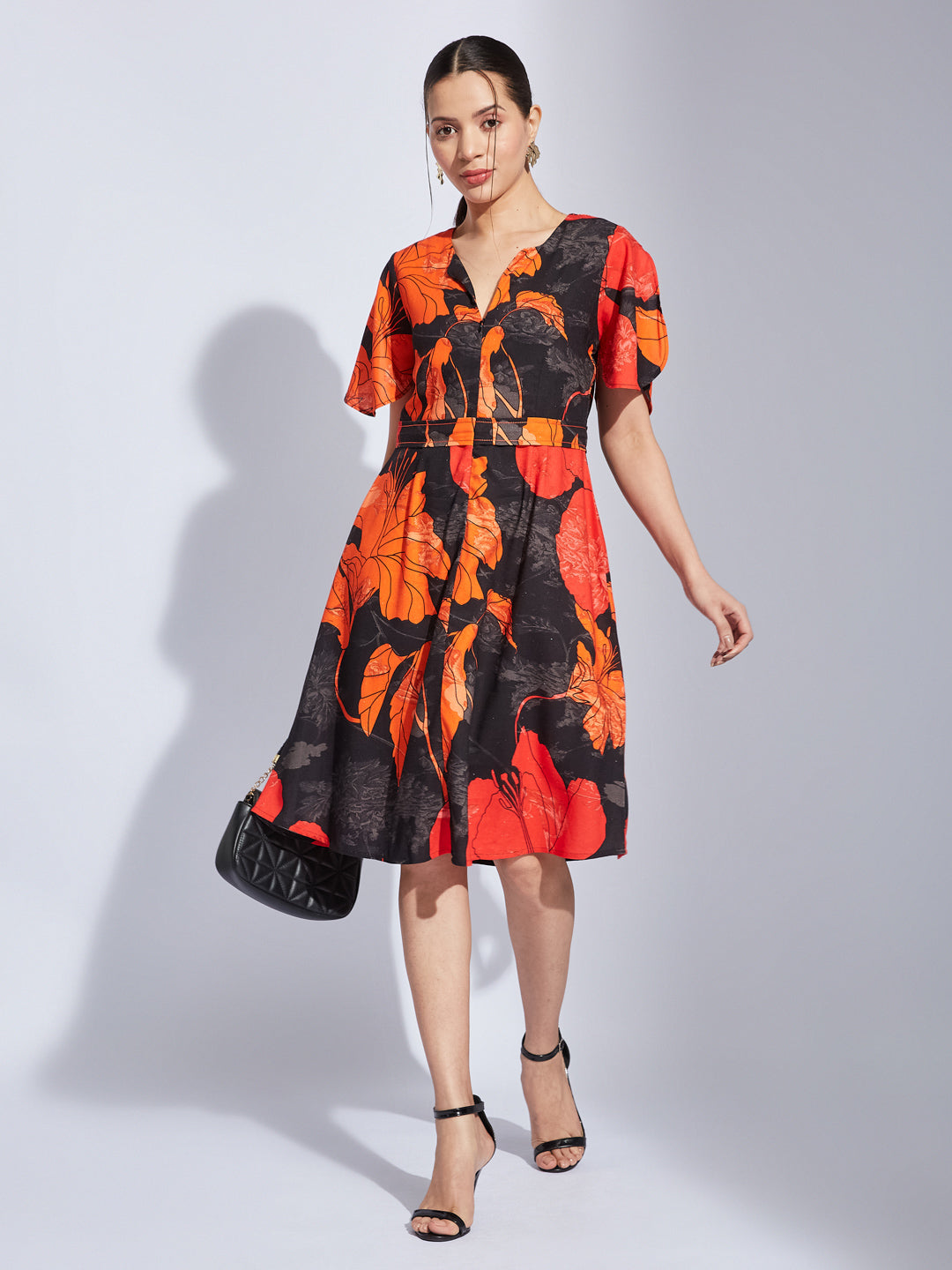 Latin Quarters Women Black V-Neck Short Sleeve Printed A-Line Dress For Casual Wear