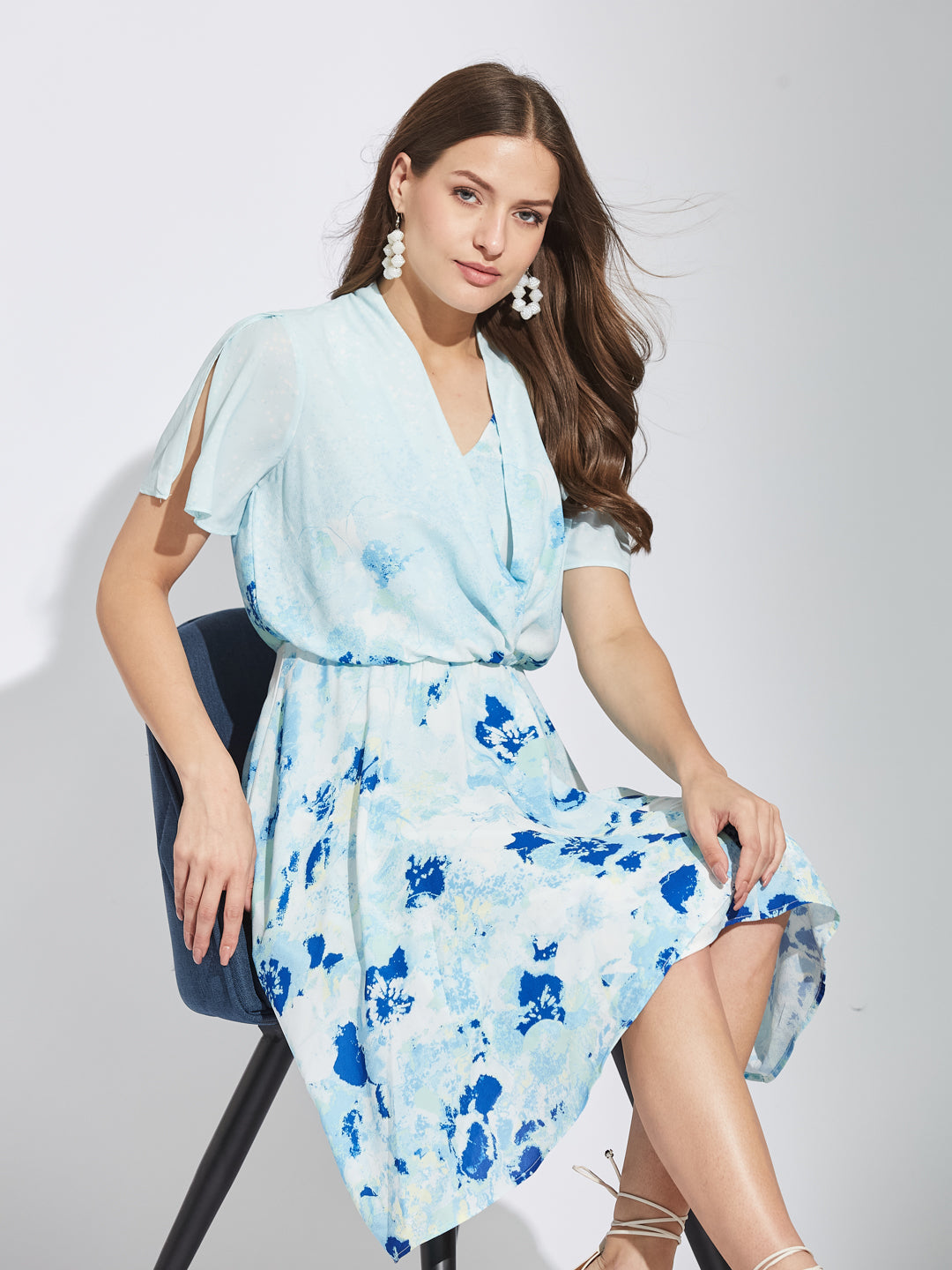 Latin Quarters Women Blue V-Neck Half Sleeves Tie Dye A-Line Dress For Casual Wear