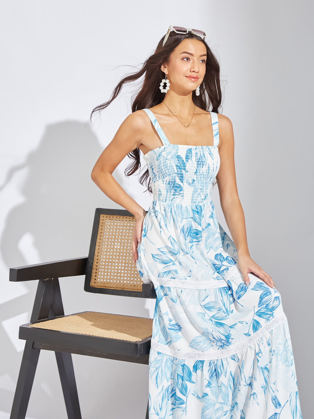 Latin Quarters Women Blue Strap Square Neck Sleeveless Printed A-Line Dress For Casual