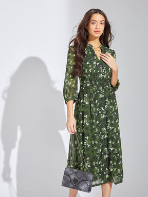 Latin Quarters Women Green Mandarin Collar 3/4th Sleeves Printed A-Line Dress For Casual