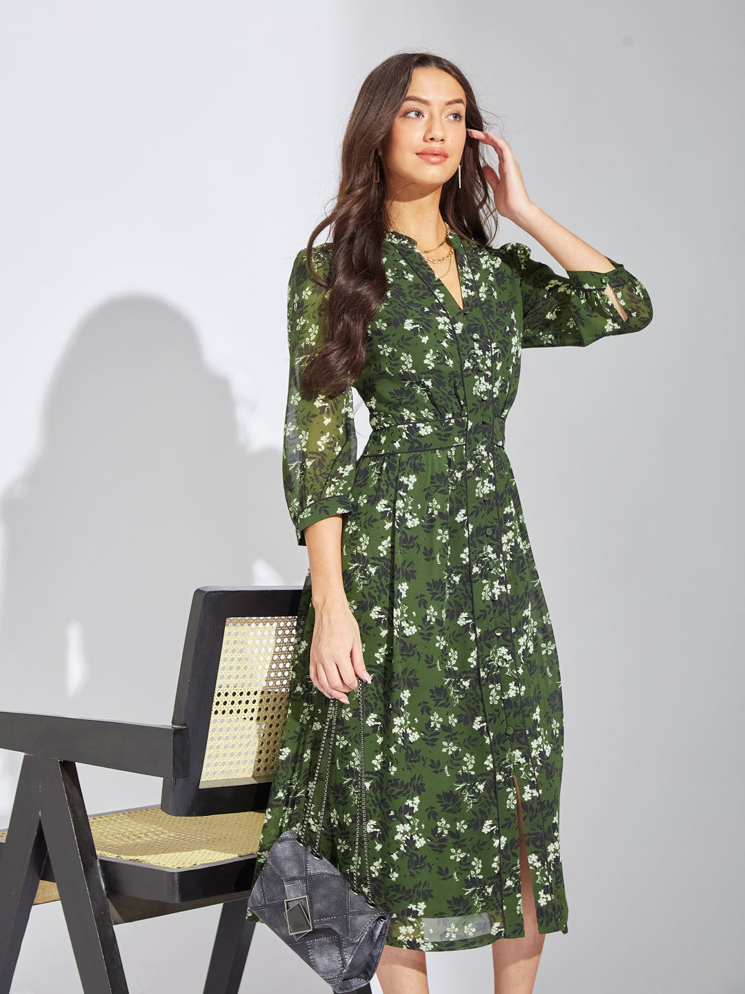 Latin Quarters Women Green Mandarin Collar 3/4th Sleeves Printed A-Line Dress For Casual
