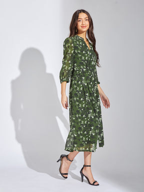 Latin Quarters Women Green Mandarin Collar 3/4th Sleeves Printed A-Line Dress For Casual