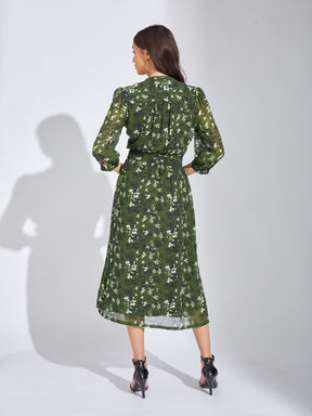 Latin Quarters Women Green Mandarin Collar 3/4th Sleeves Printed A-Line Dress For Casual