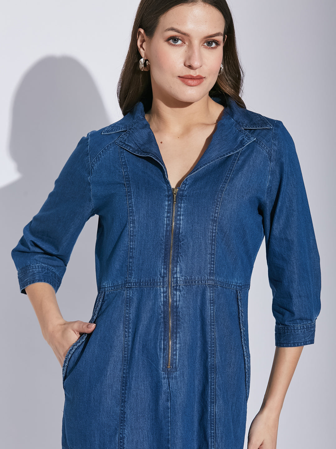 latin quarters denim dress Latin Quarters Women Blue Denim Collared Half Sleeves A-Line Solid Cas